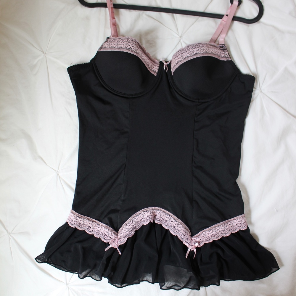 Sophie B Lingerie Black Pink Lace Trim Bow Push-Up Teddy Chemise